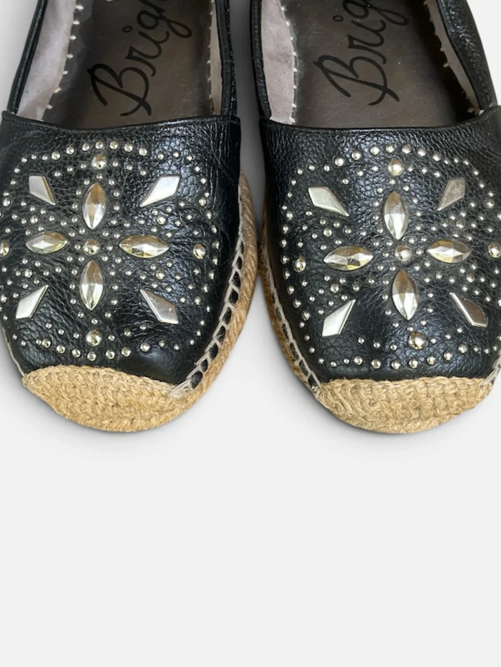 Brighton Jett Leather Studded Espadrille Moccasin Flat in Black Size 6